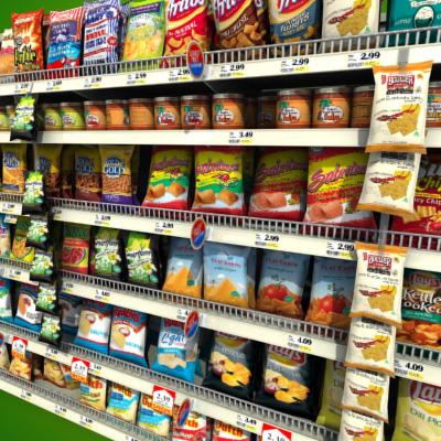 3D Model of Grocery shelves stocked with low poly snack products - 3D Render 6